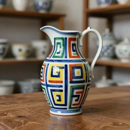 beautiful ceramics studio photograph of a tall colorful geometric symmetrical fancy porcelain pitcher, glazed by paul klee and victor vasarely, placed on a polished wooden table, hyperrealism 8 k trending on artstation