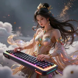 a beautiful female goddess of the keyboards character, character is in all its glory, character is in her natural relaxed pose, rim lights, particles and dust in the air, fancy clouds, highly detailed professional photo, dynamic lights, particles are flying, depth of field, trending on artstation, professional illustration, hyper realistic, vray caustics, super detailed, colorful accents, cinematic shot