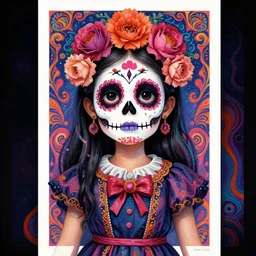 realistic detailed psychedelic poster art of a cute Día de los Muertos girl by Victor Moscoso Rick Griffin Ayami Kojima Amano Charlie Bowater, masterpiece