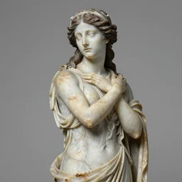 an ancient greek sculpture art of a very beautiful 1 9 0 0 s goddess of battles, oaths, and sorrow, marble, long dark brown hair, full body, hyper realistic, tan skin, silver eyes, 4 k, rule of thirds, extreme detail, detailed sculpture, trending artstation, hd, fantasy, d & d, realistic lighting, sharp focus, backlit, elegant.