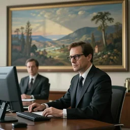 detailed cinematic wide shot of sucession cousin greg black suit with glasses smooth in corporate office, sharp focus, ultra realistic, spring light, painting by gaston bussiere, craig mullins, j. c. leyendecker