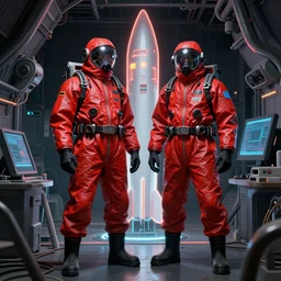 two scientists wearing red cyberpunk hazmat suits inside neon missile silo by frank frazetta