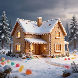 professional high quality wide - angle digital art from 5 0 feet in the distance of a home designed by frank lloyd wright made out of gingerbread and giant colorful sugar gumdrops. it's a wintery delightful scene. photorealistic, epic fantasy, dramatic lighting, cinematic, extremely high detail, cinematic lighting, trending, artstation, cgsociety, 3 d ue 5, 4 k, hq