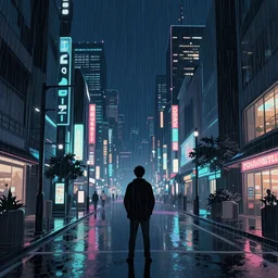 a night view of an anime city and a man standing on the road , vapourwave , 4k , raining , digital art