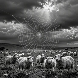 one-line art grafic the  a spider web as sheep, grey scale