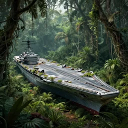 decayed aircraft carrier USS Nimitz laying on the ground overgrown with vegetation and hanging vines, post apocalyptic, tropical forest, by Luis Royo, by Greg Rutkowski, dark, gritty, intricate, cover illustration, concept art, volumetric lighting, volumetric atmosphere, sharp focus, octane render, trending on artstation, 8k
