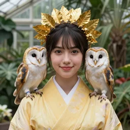 portrait photograph of an extremely beautiful!!!! young female, symmetric face!!, symmetric round detailed eyes!!, slight smile, natural light, wearing a yellow kimono!! with a very detailed barn owl! on her shoulder in a tropical greenhouse. looking at the camera!!. golden crown made of golden leaves. super resolution. extremely detailed. graflex camera!, bokeh!!!!! trending on artstation.
