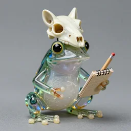 photorealistic real life glass frog cleric as a transparent muppet plush wearing a wolf skull on its head and carrying a tiny sketch book and pencil, photography, national geographic, sesame street