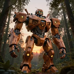 giant wooden mecha, building futuristic giant wooden construction robot, organic wood, solarpunk, organic bioluminescent lights, dark forest canopy understory, cinematic lighting, sunset, octane render, 3 d pixar disney digital cgi rtx hdr painting, highly detailed, artstation cgsociety masterpiece, by syd mead, greg rutkowski, wlop, artger