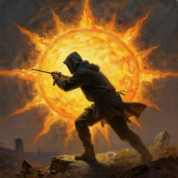 a thief stealing the sun, oil painting, realistic, epic, fantasy