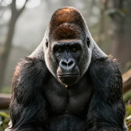 portrait photo of a charismatic curious silverback gorilla looking into the camera, indoors, f 1. 4, golden ratio, rim light, top light, overcast day