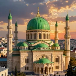 beautiful hyper realistic synagogue in a sunny city, large green dome, impressionist style, sunset, dramatic lighting