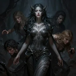 a brooding female spirit of the dark caught in the never - ending push and pull between good and evil diffuse lighting, fantasy, intricate, gorgeous body, highly detailed, lifelike, photorealistic, digital painting, artstation, illustration, concept art, smooth, sharp focus, art by john collier and albert aublet and krenz cushart and artem demura and alphonse mucha
