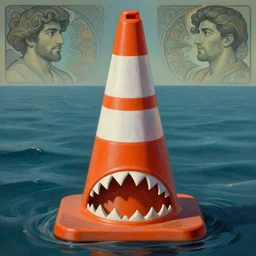 orange striped traffic cone with shark teeth around the bottom opening, ocean background detailed atmospheric - ron cheng & alphonse mucha, highly detailed, digital painting, ray tracing, concept art, illustration, smooth sharp focus, intricate, symmetry, artstation,