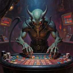 cthulhu playing in a casino, realistic painting