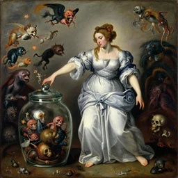 a painting of pandora opening her jar, releasing monsters and critters that impersonate sickness and death, misery, she is fully dressed, in the style of realism and a masterpiece by artemisia gentileschi and egon schiele, the face is painted by artemisia gentileschi and james jean, critters flying around, the jar is big and clearly visible