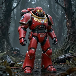 Power armor from the company core-cola, red color, stands against the background of a radioactive forest, graphics, fallout 4 render, 3d computer render, maximum details, rain, night, spotlight, - n 9