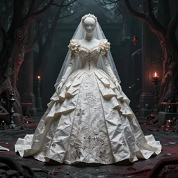 chinese horror detailed art, paper wedding dress, cinematic view, detailed, concept art, lhigh detail, dark fantasy lighting, volumetric, trending on artstation, by jordan grimmer, huge scene, art greg rutkowski