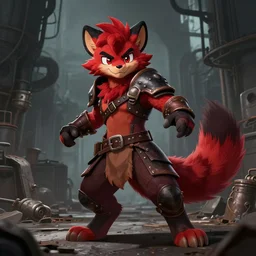 a handsome weasel bandit furry red - and - black male fursona animal character < with a tail >, leather armor, smirking, mid - action pose on a gritty industrial background by peder balke, dark industrial fantasy, furry art, deviantart contest winner, tumblr contest winner, this fursona has < a tail! > attached tail!