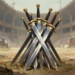 a pile of swords, arena background, concept art by randy vargas
