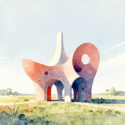 a colorful and extremely beautiful minimalist masterpiece watercolor architectural illustration of a complex organic structure isolated in an open field in the style of lebbeus woods by rez,