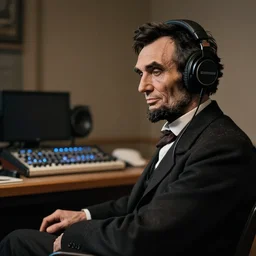 abraham lincoln as electronic music producer, wearing headphones
