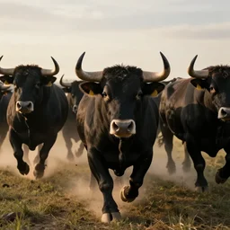realistic photo first person perspective, mad angry black bulls stampede towards camera, attacking and chasing me, dramatic lighting, early evening, professional photography, high detail, cinematic lighting, unreal engine