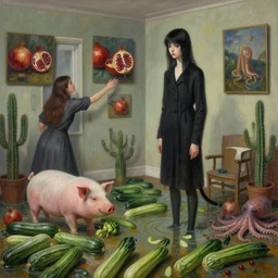 realistic painting of a flooded artist's apartment and a tall emo catgirl, infinite courgettes, a pig, a lady reaching out from inside paintings on the wall, pomegranates, cactus, octopus, 1 6 mm, berries, zen, sensual, surrealist painting by magritte and rousseau and monet