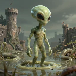 pop - wonder - nft alien - meat half - tone - art of a swamp - man - goliath wading through the goopy - muck and slithering about the castle side delights on a melted cheesy day in a hand - drawn vector, svg, cult - classic - comic - style