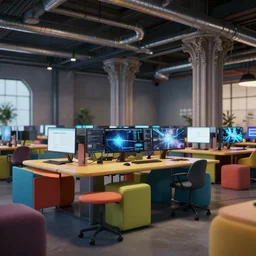 industrial newsroom, colorful furniture, ceiling ducts, hd monitors, octane render, gothic columns, unreal engine 5, ray tracing, depth of field