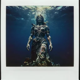 massive statue underwater at the bottom. of an ocean dropoff, dark, deep underwater, megalophobia, thallasophobia, submechanophobia, creepy, eerie, scary, horror, murky water, old polaroid, expired film,