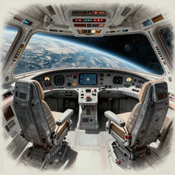 a futuristic, complex, detailed, intricate drawing blueprint diagram of a starship cockpit, with a planet visible through the windscreen, with seats, controls, dials, meters, and indicator lights, concept art for a space movie by ron cobb