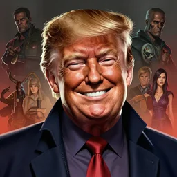cell shaded  head portrait of  smiling cyber donald trump as Borderlands 3 concept art, llustration, post grunge, concept art by josan gonzales and wlop, by james jean, Victo ngai, David Rubín, Mike Mignola, Laurie Greasley, highly detailed, sharp focus,alien,Trending on Artstation, HQ, deviantart, art by artgem