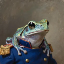 a head - and - shoulders portrait of an amazon milk frog wearing a blue continental army commander uniform without a hat, an american romanticism painting, oil on canvas, cgsociety, soft focus