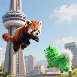 red panda climbing the CN Tower running away from a green samoyed