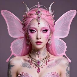 portrait of pink fairy, symmetric, facepaint facepaint facepaint, intricate jewelry, trending on artstation 4 k, high quality, in the style of karol bak and tom bagshaw, tattoos