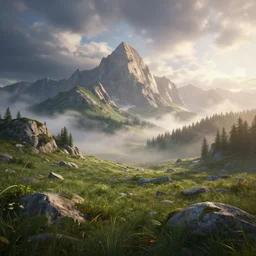 beautiful render of a summer landscape, unreal engine, first light, majestic mountains, rocky meadows, morning mist, dramatic clouds, big dragon bones, soft light, by greg rutkowski, cgsociety
