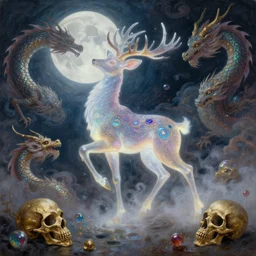 concept art of translucent glowing deer dancing, big booty, flowy, melting, round moon, swirly clouds, very detailed, volumetric light, mist, fine art, textured oil over canvas, dragons, epic fantasy art, very colorful, ornate intricate scales, gold skulls, fractal gems, 8 k, hyper realistic, high contrast
