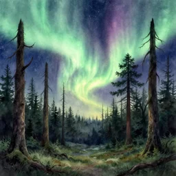aurora borealis over ancient woodlands. watercolor, gothic horror, limited but vibrant palette, backlighting, depth of field.