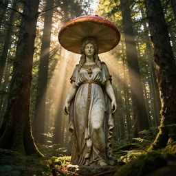 Ancient statue of wise greek mushroom goddess wearing pagan clothes and large stylized amarita muscaria hat lost in the heart of the pristine cedar forest | dramatic light | cinematic lighting | sunshafts, volumetric lighting | golden hour | style of donato giancola | subsurface scattering | rtx on