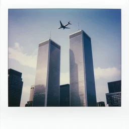 1 9 9 0 s polaroid of the twin towers wtc, as plane flies overhead