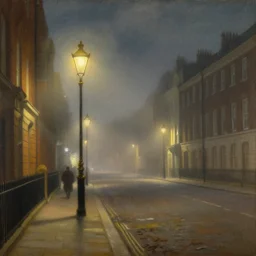 a beautiful painting of a street of london at night, street lamps on, foggy, misty, atmospheric, by john atkinson grimshaw