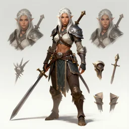 a fantasy female barbarian with white hair character design sheet, trending on artstation