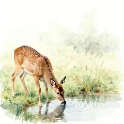 watercolor sketch by anders zorn, deer drinking water by pond, nature art mockup