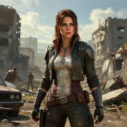 fallout 5, charismatic beautiful rugged brunette female protagonist, portrait, outdoors ruined cityscape, atmospheric lighting, painted, intricate, volumetric lighting, beautiful, daytime, sunny weather, few clouds, sharp focus, deep colours, ultra detailed, by leesha hannigan, ross tran, thierry doizon, kai carpenter, ignacio fernandez rios