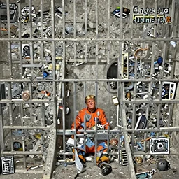 a head and shoulders portrait of Donald trump wearing a orange jumpsuit, sitting on the floor of a filthy rat infested concrete jail, dimly lit, volumetric lighting, in jail by craig mullins and Annie Leibowitz, octane, 8k,