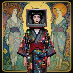 cute punk goth fashion fractal alien martian girl with wearing a television tube helmet and kimono made of circuits and leds, surreal Dada collage by Man Ray Kurt Schwitters Hannah Höch Alphonse Mucha Beeple