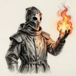 a color pencil sketch of a plague doctor ghost rider holding his right hand out with fire coming off of it, plague doctor mask is half burnt off, as a d & d character, blue robe, magical, red highlights, hip hop aesthetic, concept sheet, painting by gaston bussiere, demon slayer, akiri toriyama, dramatic lighting, professional manga style, anime
