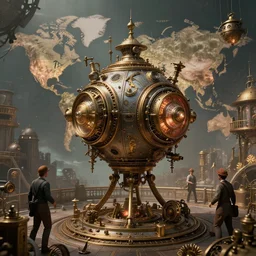 teleportation machine in a steampunk world, with people using it to travel around the world by jack gaughan