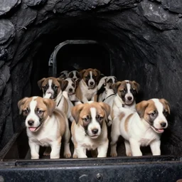 group of puppies riding vehicle into coal mine, photo from 1 9 9 8,